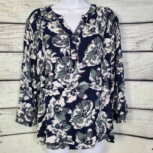 Fun2Fun 2X Navy Green White Floral Long Sleeve Button Blouse